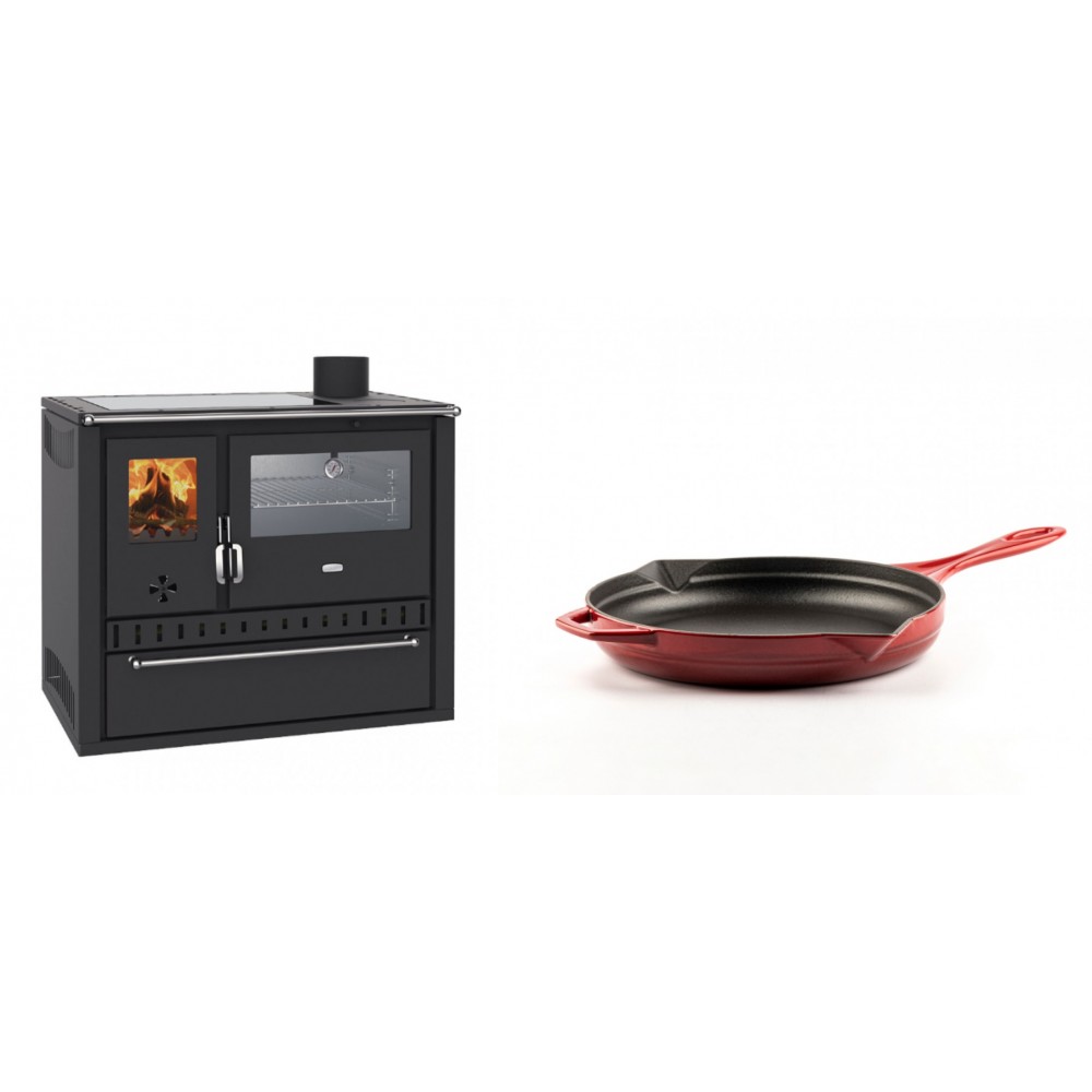 Set Küchenofen / Küchenhexe Wasserführend Prity GT W10, mit Edelstahl-Backofen, Glaskeramik-Kochfeld und Schublade, 13.3 kW + Emaillierte Gusseisenpfanne Solagio, Rubin, Ф24cm | Kaminofen - Holzofen mit Backfach | Kaminofen |