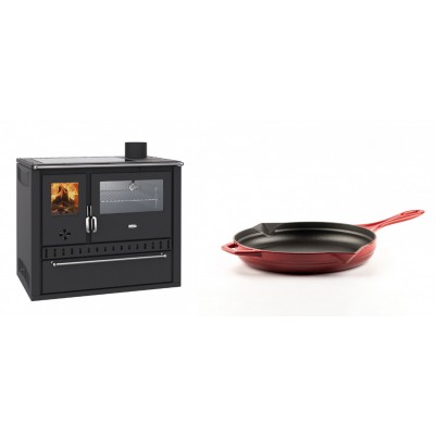 Set Küchenofen / Küchenhexe Wasserführend Prity GT W10, mit Edelstahl-Backofen, Glaskeramik-Kochfeld und Schublade, 13.3 kW + Emaillierte Gusseisenpfanne Solagio, Rubin, Ф24cm - Kaminofen - Holzofen mit Backfach