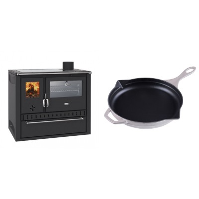 Set Küchenofen / Küchenhexe Wasserführend Prity GT W10, mit Edelstahl-Backofen, Glaskeramik-Kochfeld und Schublade, 13.3 kW + Emaillierte Gusseisenpfanne Solagio, Ivory, Ф28cm - Kaminofen - Holzofen mit Backfach