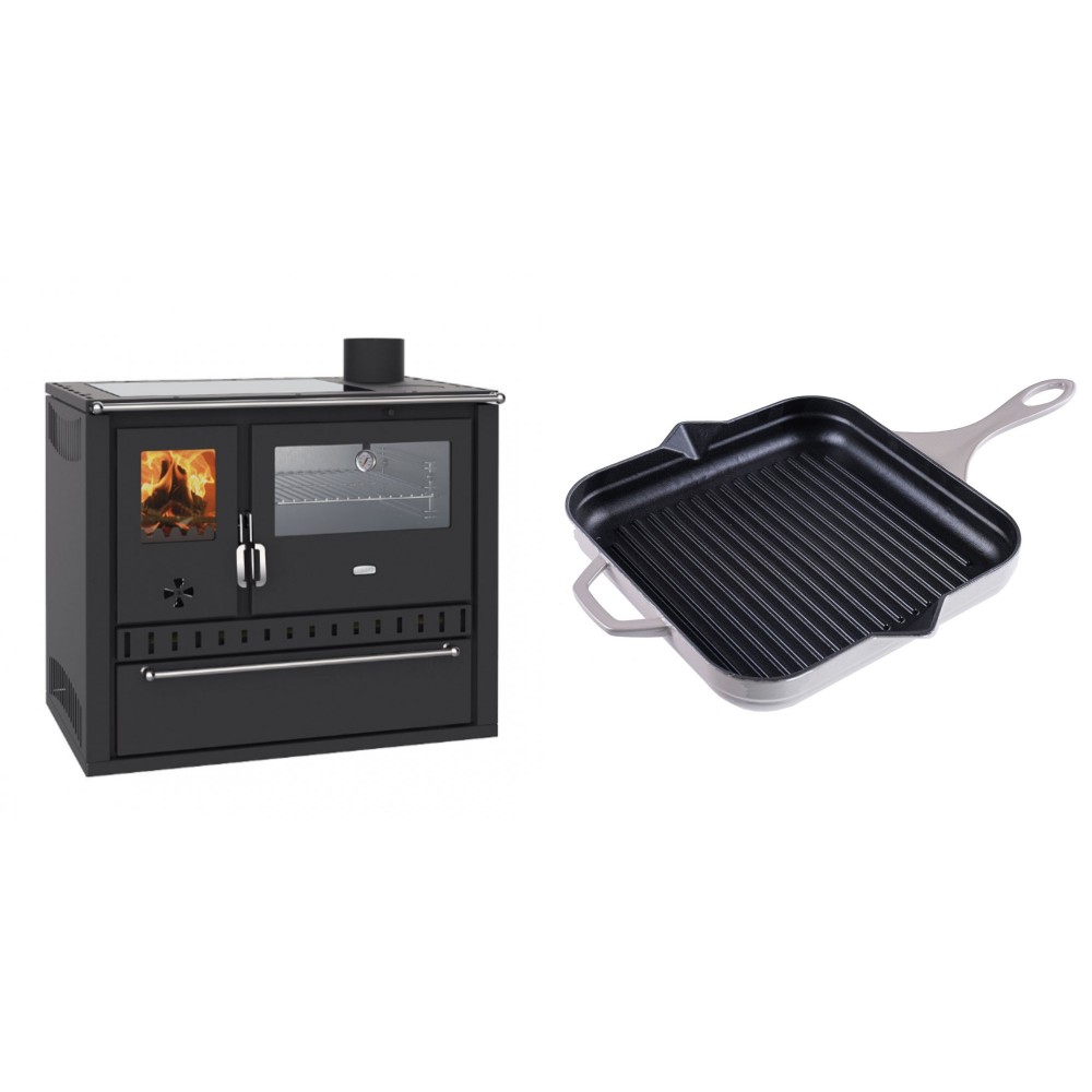 Set Küchenofen / Küchenhexe Wasserführend Prity GT W10, mit Edelstahl-Backofen, Glaskeramik-Kochfeld und Schublade, 13.3 kW + Emaillierte grillpfanne Gusseisen Solagio, Ivory, 28x28cm | Kaminofen - Holzofen mit Backfach | Kaminofen |