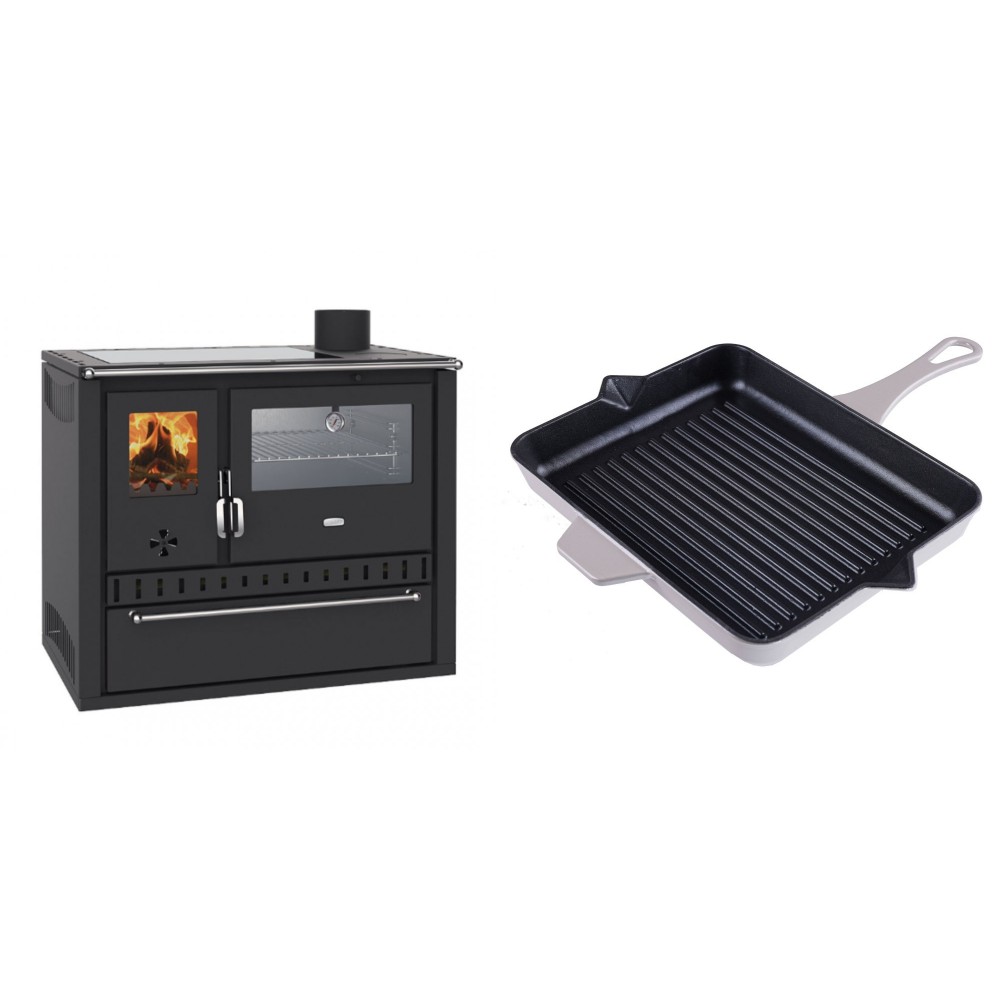 Set Küchenofen / Küchenhexe Wasserführend Prity GT W10, mit Edelstahl-Backofen, Glaskeramik-Kochfeld und Schublade, 13.3 kW + Emaillierte grillpfanne Gusseisen Solagio, Ivory, 26x32cm | Kaminofen - Holzofen mit Backfach | Kaminofen |