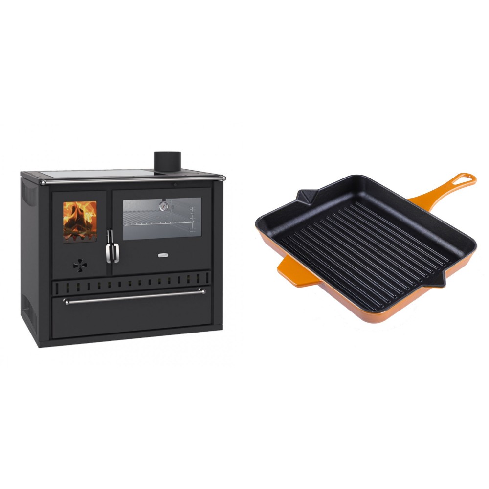 Set Küchenofen / Küchenhexe Wasserführend Prity GT W10, mit Edelstahl-Backofen, Glaskeramik-Kochfeld und Schublade, 13.3 kW + Emaillierte grillpfanne Gusseisen Solagio, Dijon, 26x32cm