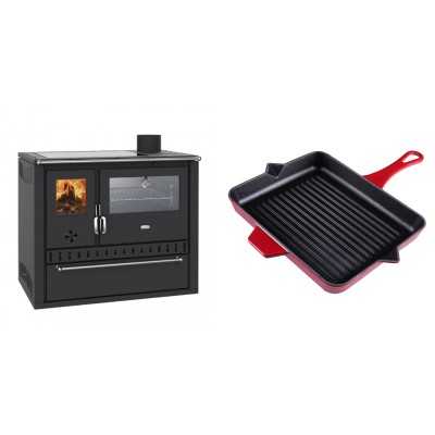 Set Küchenofen / Küchenhexe Wasserführend Prity GT W10, mit Edelstahl-Backofen, Glaskeramik-Kochfeld und Schublade, 13.3 kW + Emaillierte grillpfanne Gusseisen Solagio, Rubin, 26x32cm - Kaminofen - Holzofen mit Backfach