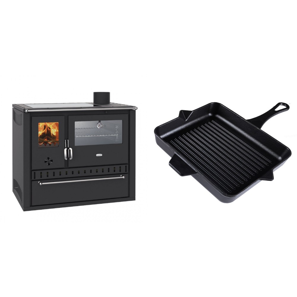 Set Küchenofen / Küchenhexe Wasserführend Prity GT W10, mit Edelstahl-Backofen, Glaskeramik-Kochfeld und Schublade, 13.3 kW + Emaillierte grillpfanne Gusseisen Solagio, Black Onyx, 26x32cm