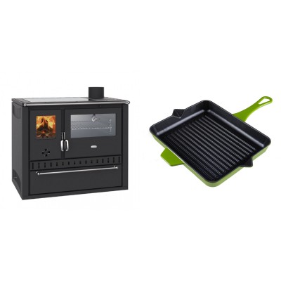 Set Küchenofen / Küchenhexe Wasserführend Prity GT W10, mit Edelstahl-Backofen, Glaskeramik-Kochfeld und Schublade, 13.3 kW + Emaillierte grillpfanne Gusseisen Solagio, Bamboo, 26x32cm - Kaminofen - Holzofen mit Backfach