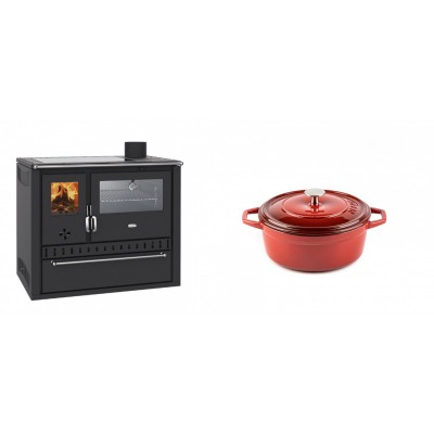 Set Küchenofen / Küchenhexe Wasserführend Prity GT W10, mit Edelstahl-Backofen, Glaskeramik-Kochfeld und Schublade, 13.3 kW + Gusseisen Topf Tiefer Solagio, Rubin, Ф12 - Kaminofen - Holzofen mit Backfach