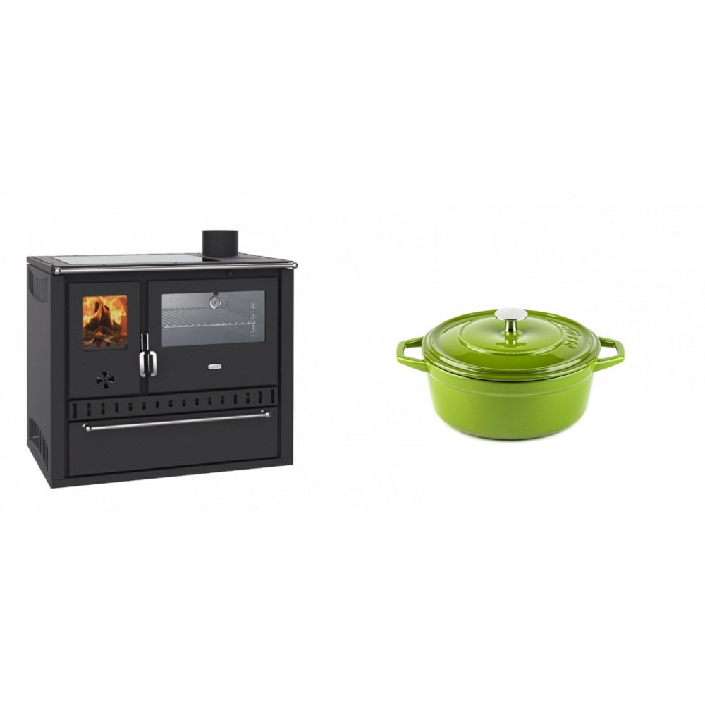 Set Küchenofen / Küchenhexe Wasserführend Prity GT W10, mit Edelstahl-Backofen, Glaskeramik-Kochfeld und Schublade, 13.3 kW + Gusseisen Topf Tiefer Solagio, Bamboo, Ф12 | Kaminofen - Holzofen mit Backfach | Kaminofen |