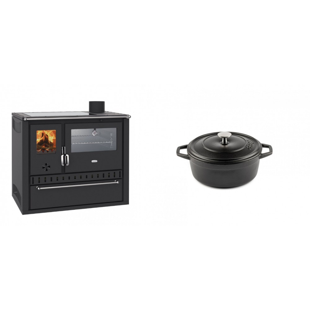 Set Küchenofen / Küchenhexe Wasserführend Prity GT W10, mit Edelstahl-Backofen, Glaskeramik-Kochfeld und Schublade, 13.3 kW + Gusseisen Topf Tiefer Solagio, Black Onyx, Ф12 | Kaminofen - Holzofen mit Backfach | Kaminofen |