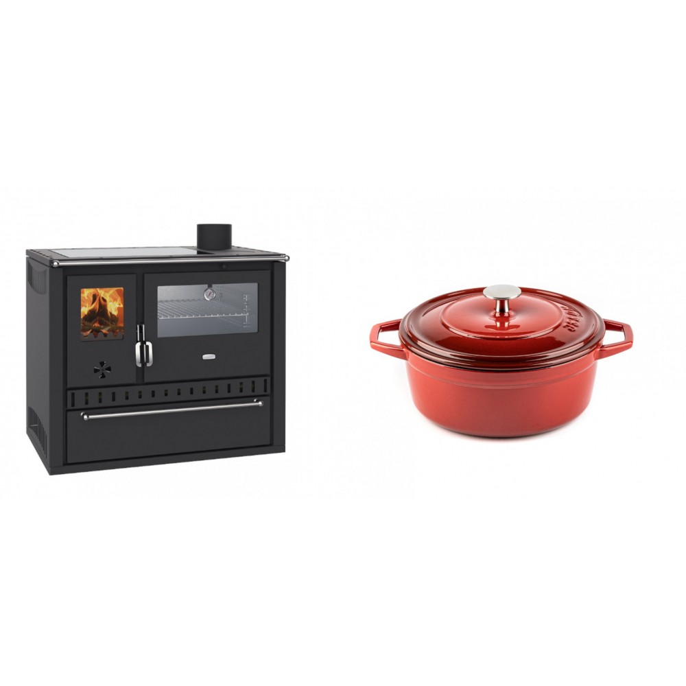 Set Küchenofen / Küchenhexe Wasserführend Prity GT W10, mit Edelstahl-Backofen, Glaskeramik-Kochfeld und Schublade, 13.3 kW + Gusseisen Topf Tiefer Solagio, Rubin, Ф20 | Kaminofen - Holzofen mit Backfach | Kaminofen |