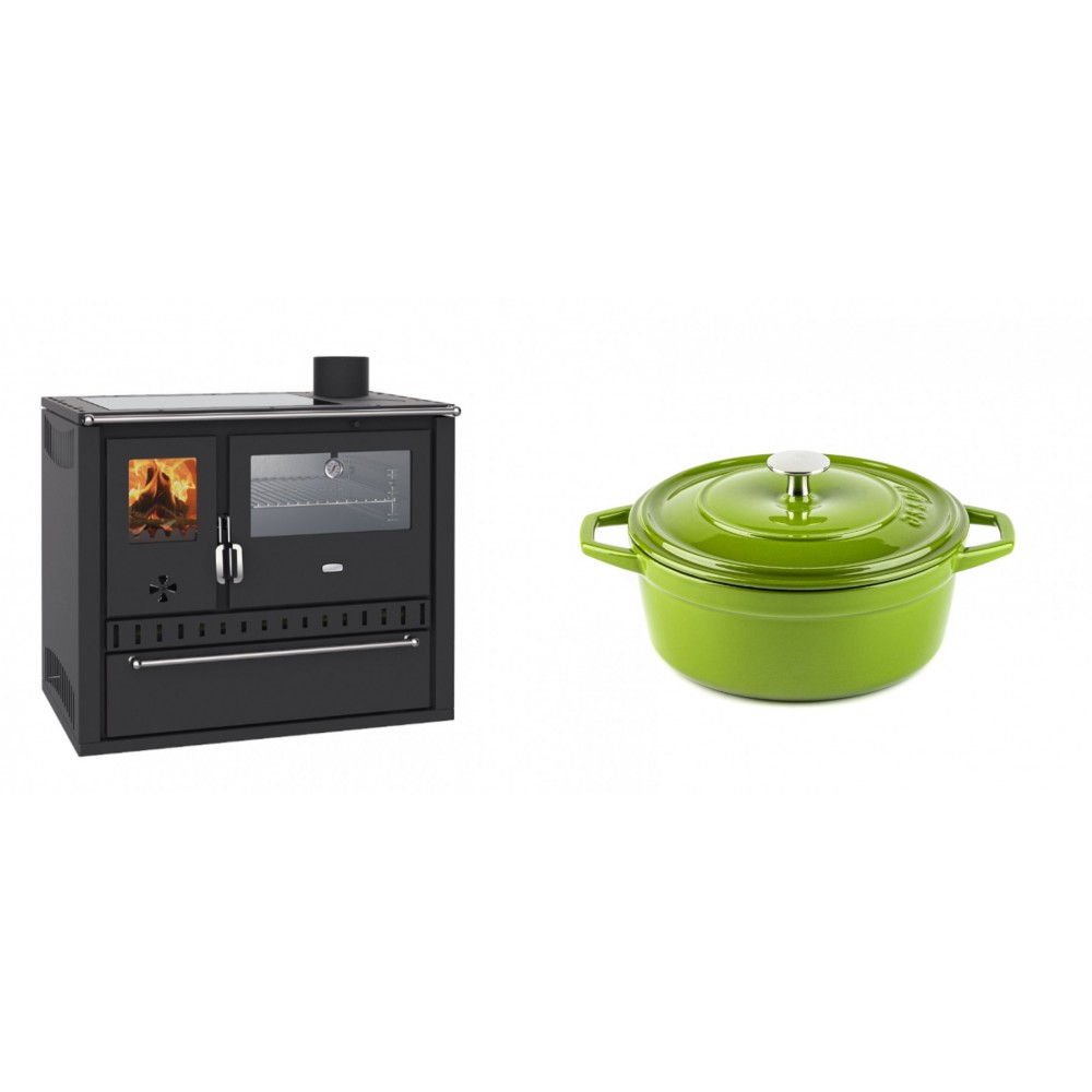 Set Küchenofen / Küchenhexe Wasserführend Prity GT W10, mit Edelstahl-Backofen, Glaskeramik-Kochfeld und Schublade, 13.3 kW + Gusseisen Topf Tiefer Solagio, Bamboo, Ф20