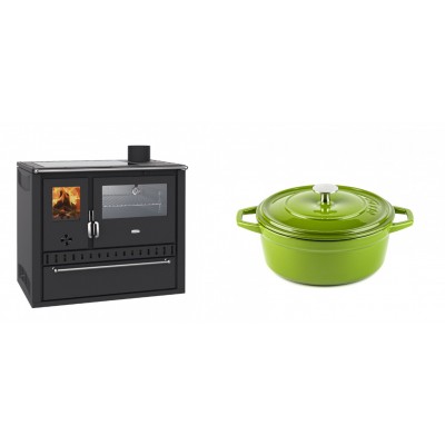 Set Küchenofen / Küchenhexe Wasserführend Prity GT W10, mit Edelstahl-Backofen, Glaskeramik-Kochfeld und Schublade, 13.3 kW + Gusseisen Topf Tiefer Solagio, Bamboo, Ф20 - Kaminofen - Holzofen mit Backfach