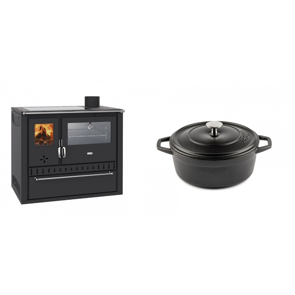 Set Küchenofen / Küchenhexe Wasserführend Prity GT W10, mit Edelstahl-Backofen, Glaskeramik-Kochfeld und Schublade, 13.3 kW + Gusseisen Topf Tiefer Solagio, Black Onyx, Ф20
