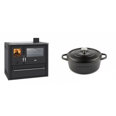 Set Küchenofen / Küchenhexe Wasserführend Prity GT W10, mit Edelstahl-Backofen, Glaskeramik-Kochfeld und Schublade, 13.3 kW + Gusseisen Topf Tiefer Solagio, Black Onyx, Ф20 - Kaminofen - Holzofen mit Backfach