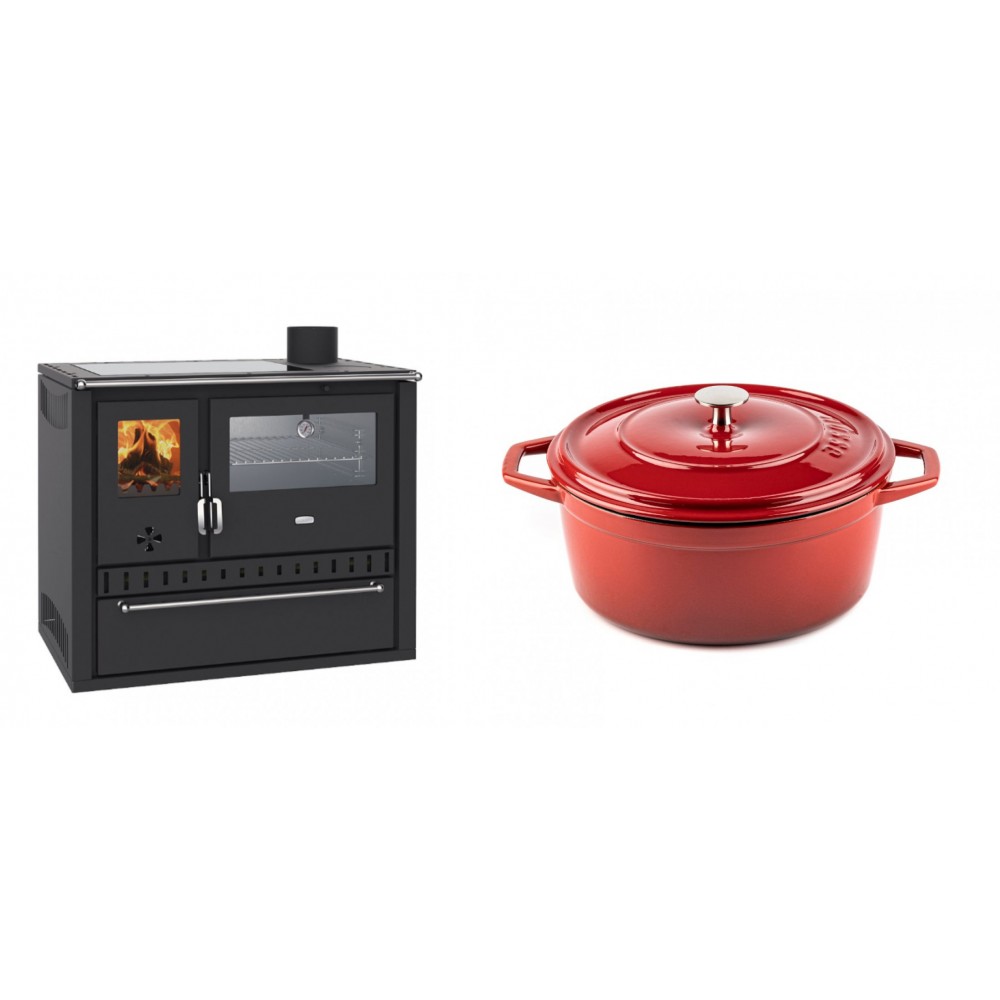 Set Küchenofen / Küchenhexe Wasserführend Prity GT W10, mit Edelstahl-Backofen, Glaskeramik-Kochfeld und Schublade, 13.3 kW + Gusseisen Topf Tiefer Solagio, Rubin, Ф24