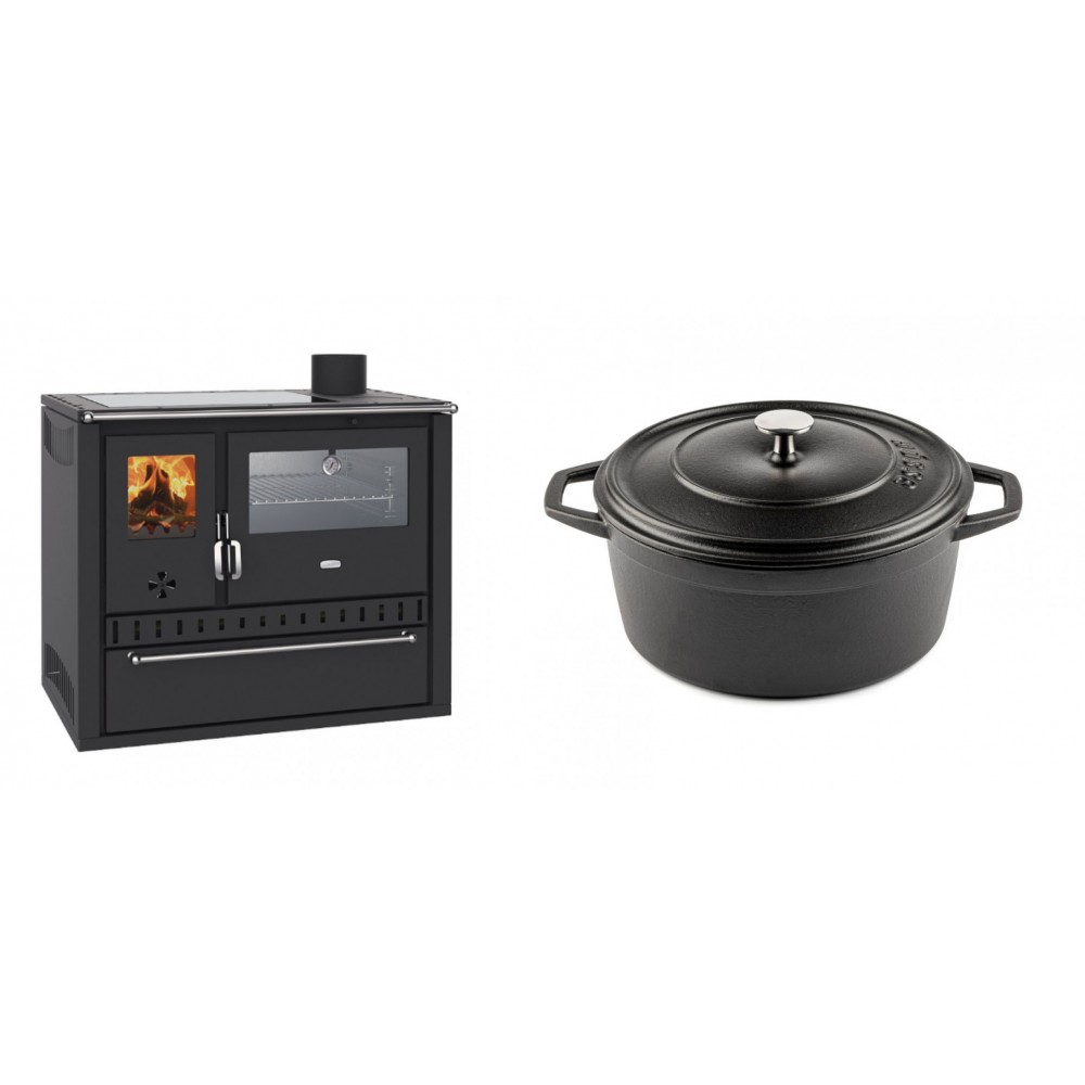 Set Küchenofen / Küchenhexe Wasserführend Prity GT W10, mit Edelstahl-Backofen, Glaskeramik-Kochfeld und Schublade, 13.3 kW + Gusseisen Topf Tiefer Solagio, Black Onyx, Ф24