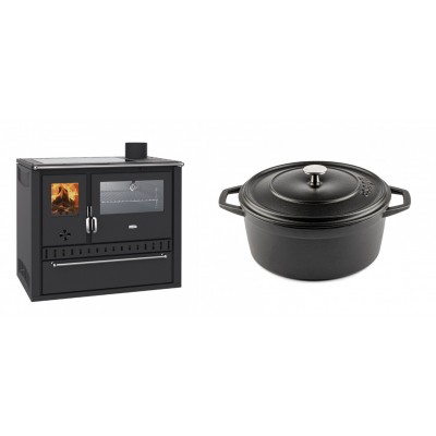 Set Küchenofen / Küchenhexe Wasserführend Prity GT W10, mit Edelstahl-Backofen, Glaskeramik-Kochfeld und Schublade, 13.3 kW + Gusseisen Topf Tiefer Solagio, Black Onyx, Ф24 - Kaminofen - Holzofen mit Backfach