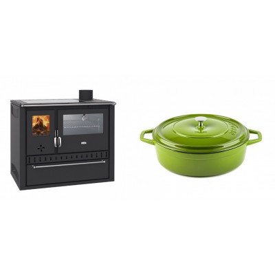 Set Küchenofen / Küchenhexe Wasserführend Prity GT W10, mit Edelstahl-Backofen, Glaskeramik-Kochfeld und Schublade, 13.3 kW + Gusseisen Topf Flach Solagio, Bamboo, Ф26 - Kaminofen - Holzofen mit Backfach