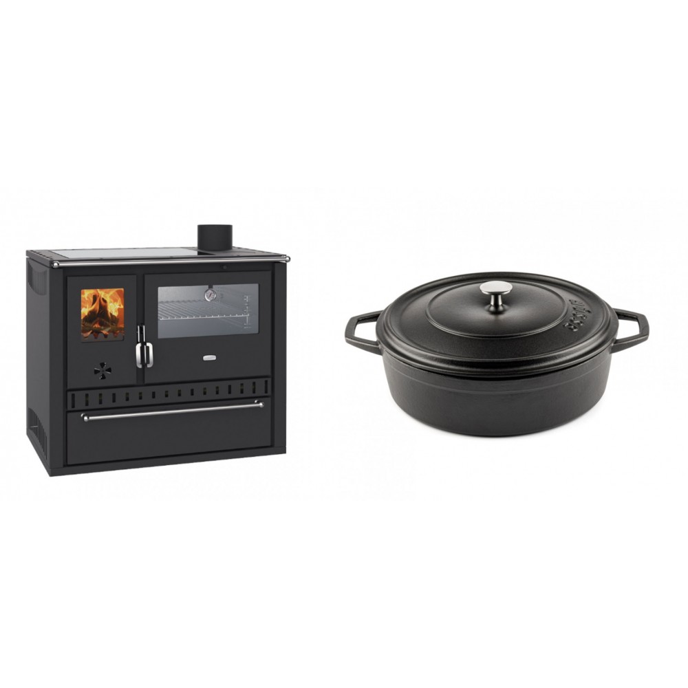 Set Küchenofen / Küchenhexe Wasserführend Prity GT W10, mit Edelstahl-Backofen, Glaskeramik-Kochfeld und Schublade, 13.3 kW + Gusseisen Topf Flach Solagio, Black Onyx, Ф26