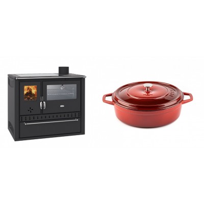 Set Küchenofen / Küchenhexe Wasserführend Prity GT W10, mit Edelstahl-Backofen, Glaskeramik-Kochfeld und Schublade, 13.3 kW + Gusseisen Topf Flach Solagio, Rubin, Ф26 - Kaminofen - Holzofen mit Backfach
