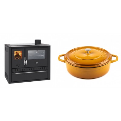 Set Küchenofen / Küchenhexe Wasserführend Prity GT W10, mit Edelstahl-Backofen, Glaskeramik-Kochfeld und Schublade, 13.3 kW + Gusseisen Topf Flach Solagio, Dijon, Ф28 - Kaminofen - Holzofen mit Backfach