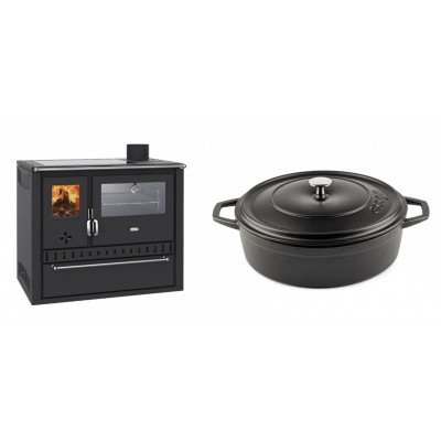 Set Küchenofen / Küchenhexe Wasserführend Prity GT W10, mit Edelstahl-Backofen, Glaskeramik-Kochfeld und Schublade, 13.3 kW + Gusseisen Topf Flach Solagio, Black Onyx, Ф28 - Kaminofen - Holzofen mit Backfach