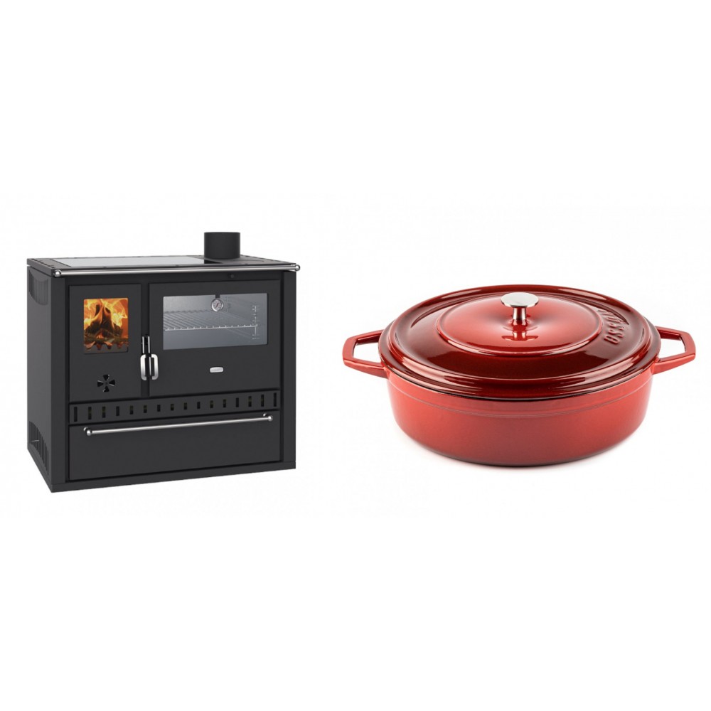 Set Küchenofen / Küchenhexe Wasserführend Prity GT W10, mit Edelstahl-Backofen, Glaskeramik-Kochfeld und Schublade, 13.3 kW + Gusseisen Topf Flach Solagio, Rubin, Ф28