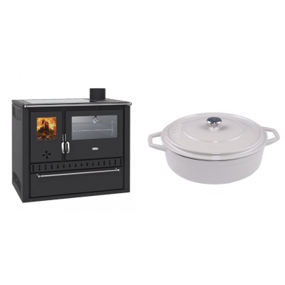 Set Küchenofen / Küchenhexe Wasserführend Prity GT W10, mit Edelstahl-Backofen, Glaskeramik-Kochfeld und Schublade, 13.3 kW + Gusseisen Topf Flach Solagio, Ivory, Ф28 - Kaminofen - Holzofen mit Backfach
