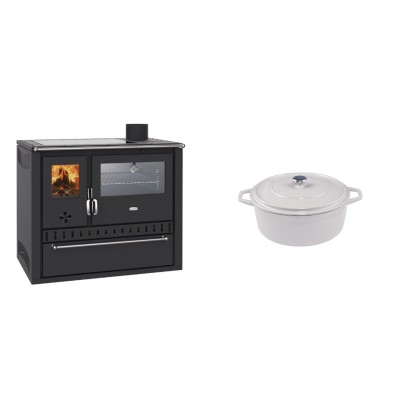 Set Küchenofen / Küchenhexe Wasserführend Prity GT W10, mit Edelstahl-Backofen, Glaskeramik-Kochfeld und Schublade, 13.3 kW + Gusseisen Topf Tiefer Solagio, Ivory, Ф12 - Kaminofen - Holzofen mit Backfach