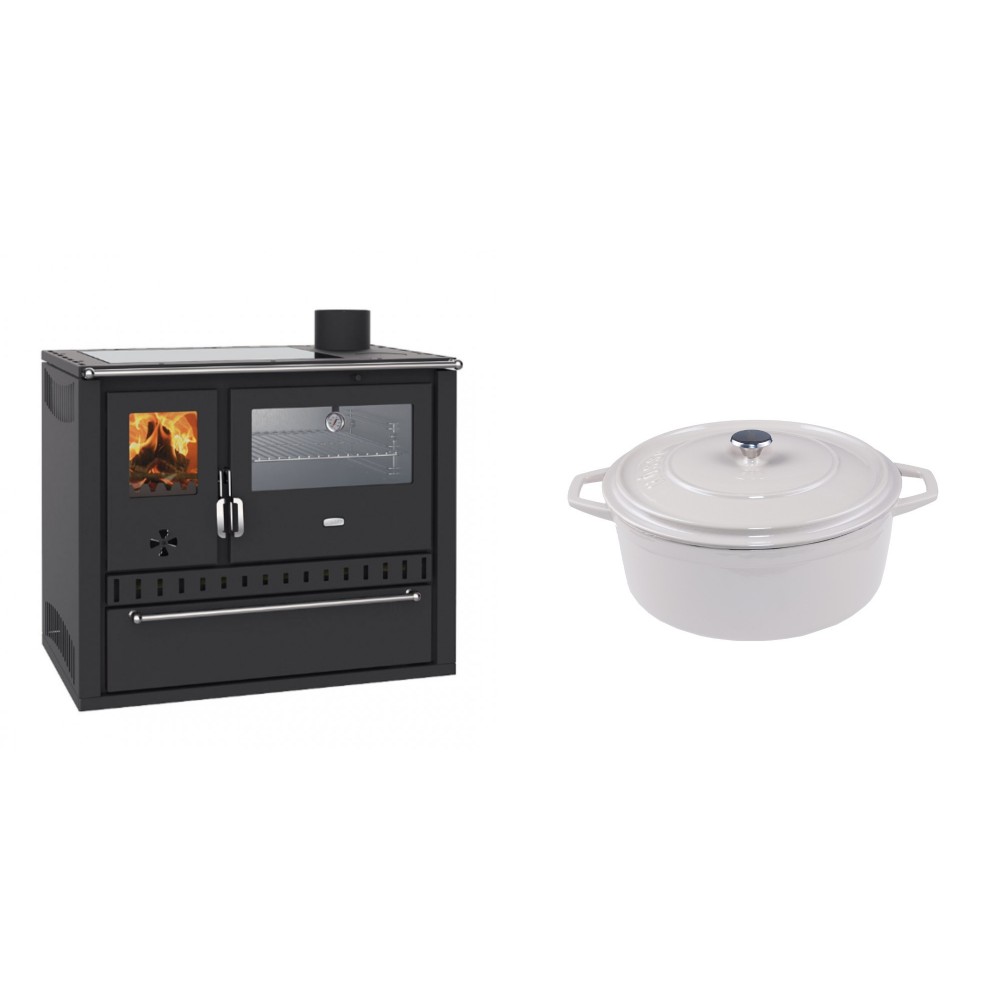 Set Küchenofen / Küchenhexe Wasserführend Prity GT W10, mit Edelstahl-Backofen, Glaskeramik-Kochfeld und Schublade, 13.3 kW + Gusseisen Topf Tiefer Solagio, Ivory, Ф20