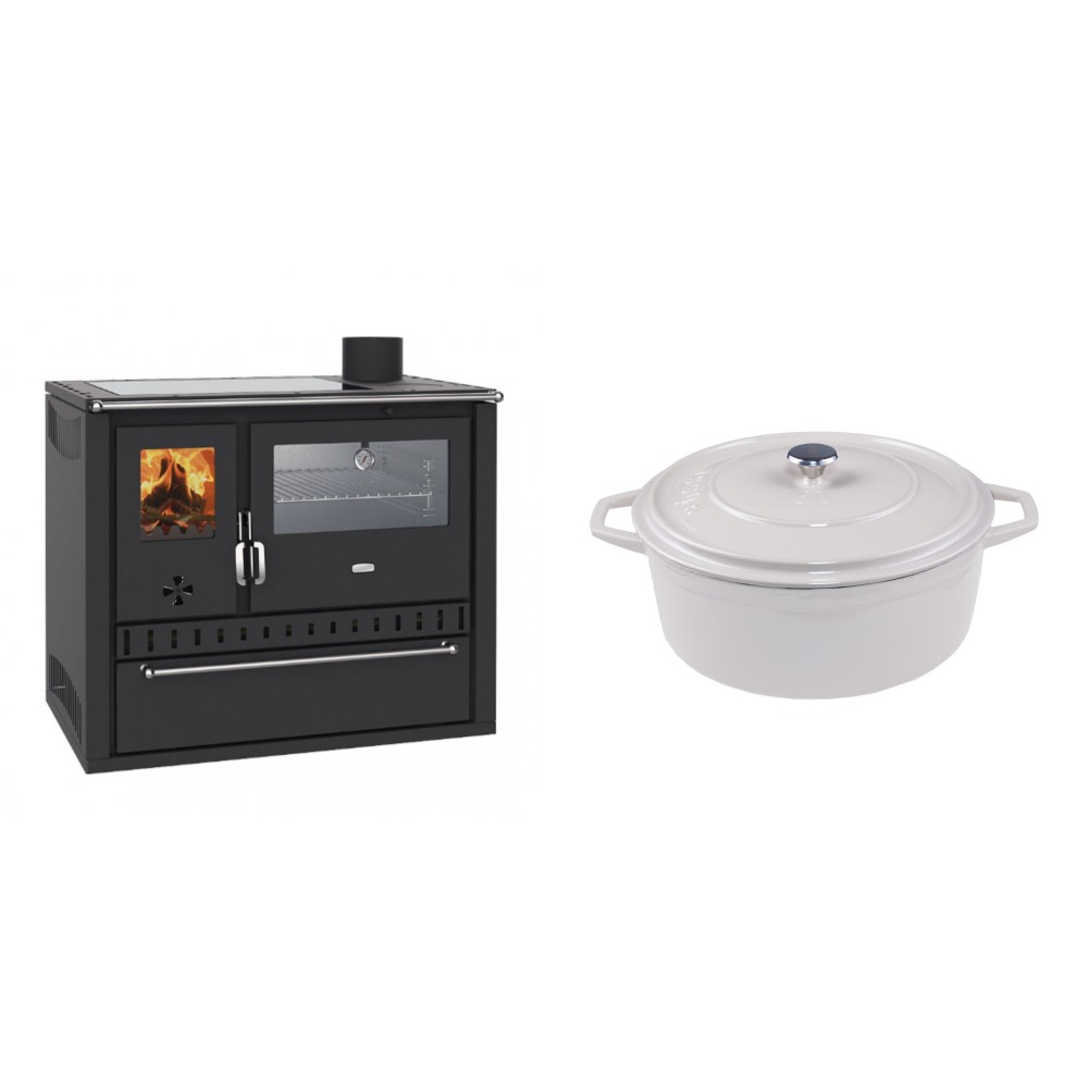 Set Küchenofen / Küchenhexe Wasserführend Prity GT W10, mit Edelstahl-Backofen, Glaskeramik-Kochfeld und Schublade, 13.3 kW + Gusseisen Topf Tiefer Solagio, Ivory, Ф24