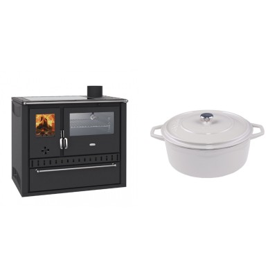 Set Küchenofen / Küchenhexe Wasserführend Prity GT W10, mit Edelstahl-Backofen, Glaskeramik-Kochfeld und Schublade, 13.3 kW + Gusseisen Topf Tiefer Solagio, Ivory, Ф24 - Kaminofen - Holzofen mit Backfach