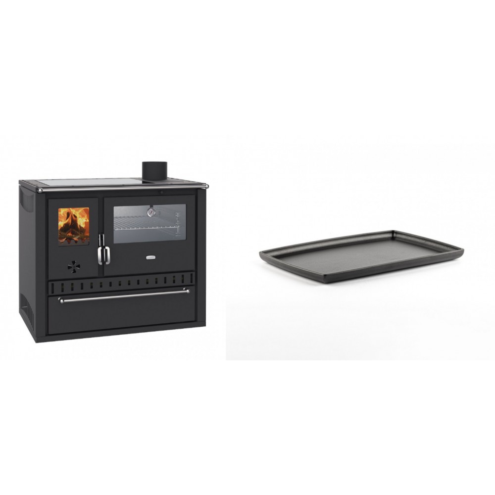 Set Küchenofen / Küchenhexe Wasserführend Prity GT W10, mit Edelstahl-Backofen, Glaskeramik-Kochfeld und Schublade, 13.3 kW + Rechteckige Servierplatte aus Gusseisen Solagio, 21x31cm