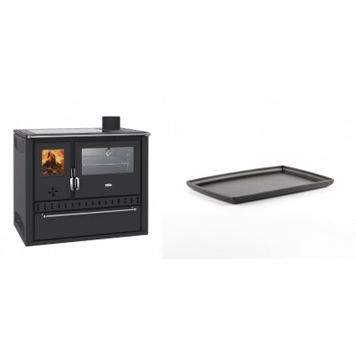 Set Küchenofen / Küchenhexe Wasserführend Prity GT W10, mit Edelstahl-Backofen, Glaskeramik-Kochfeld und Schublade, 13.3 kW + Rechteckige Servierplatte aus Gusseisen Solagio, 21x31cm - Kaminofen - Holzofen mit Backfach