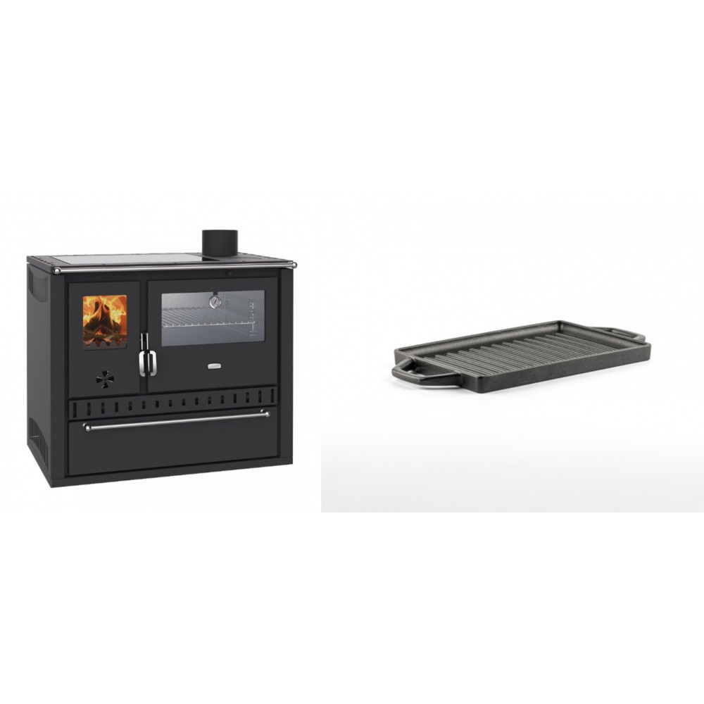 Set Küchenofen / Küchenhexe Wasserführend Prity GT W10, mit Edelstahl-Backofen, Glaskeramik-Kochfeld und Schublade, 13.3 kW + Mini-Grillplatte aus Gusseisen Solagio, 15.5x22.5cm | Kaminofen - Holzofen mit Backfach | Kaminofen |