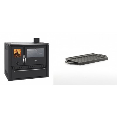 Set Küchenofen / Küchenhexe Wasserführend Prity GT W10, mit Edelstahl-Backofen, Glaskeramik-Kochfeld und Schublade, 13.3 kW + Mini-Grillplatte aus Gusseisen Solagio, 15.5x22.5cm - Kaminofen - Holzofen mit Backfach