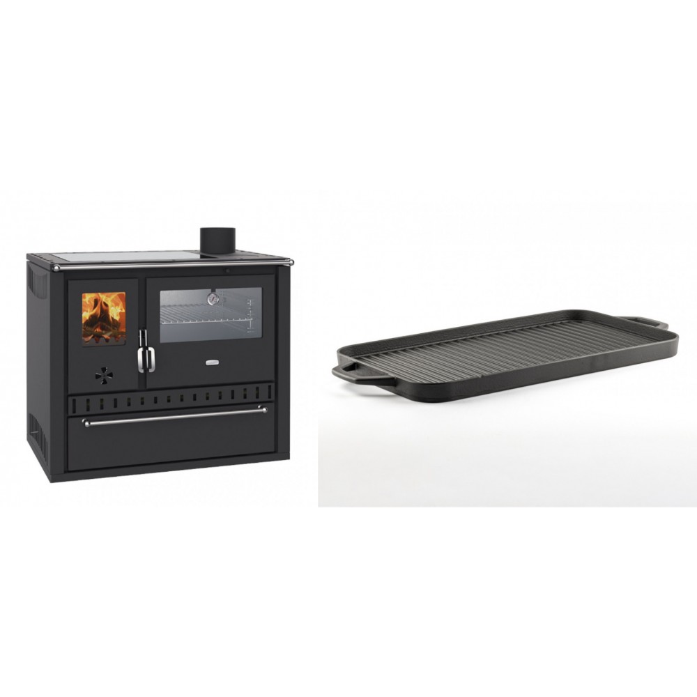 Set Küchenofen / Küchenhexe Wasserführend Prity GT W10, mit Edelstahl-Backofen, Glaskeramik-Kochfeld und Schublade, 13.3 kW + Große Grillplatte aus Gusseisen Solagio, 25x44cm | Kaminofen - Holzofen mit Backfach | Kaminofen |