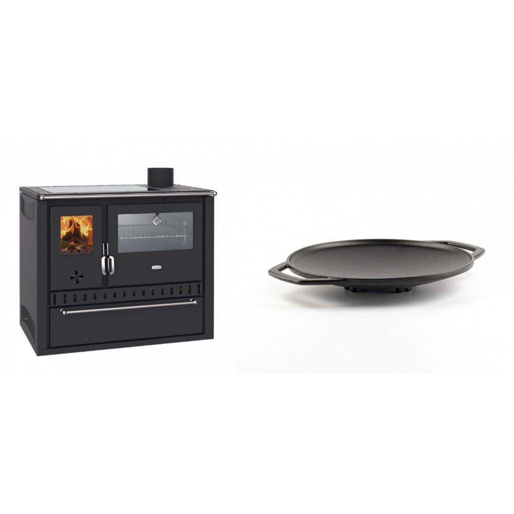 Set Küchenofen / Küchenhexe Wasserführend Prity GT W10, mit Edelstahl-Backofen, Glaskeramik-Kochfeld und Schublade, 13.3 kW + Backplatte aus Gusseisen Solagio, Ф28cm