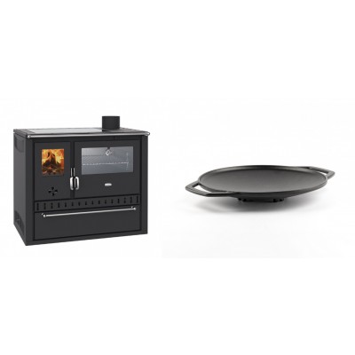 Set Küchenofen / Küchenhexe Wasserführend Prity GT W10, mit Edelstahl-Backofen, Glaskeramik-Kochfeld und Schublade, 13.3 kW + Backplatte aus Gusseisen Solagio, Ф28cm - Kaminofen - Holzofen mit Backfach