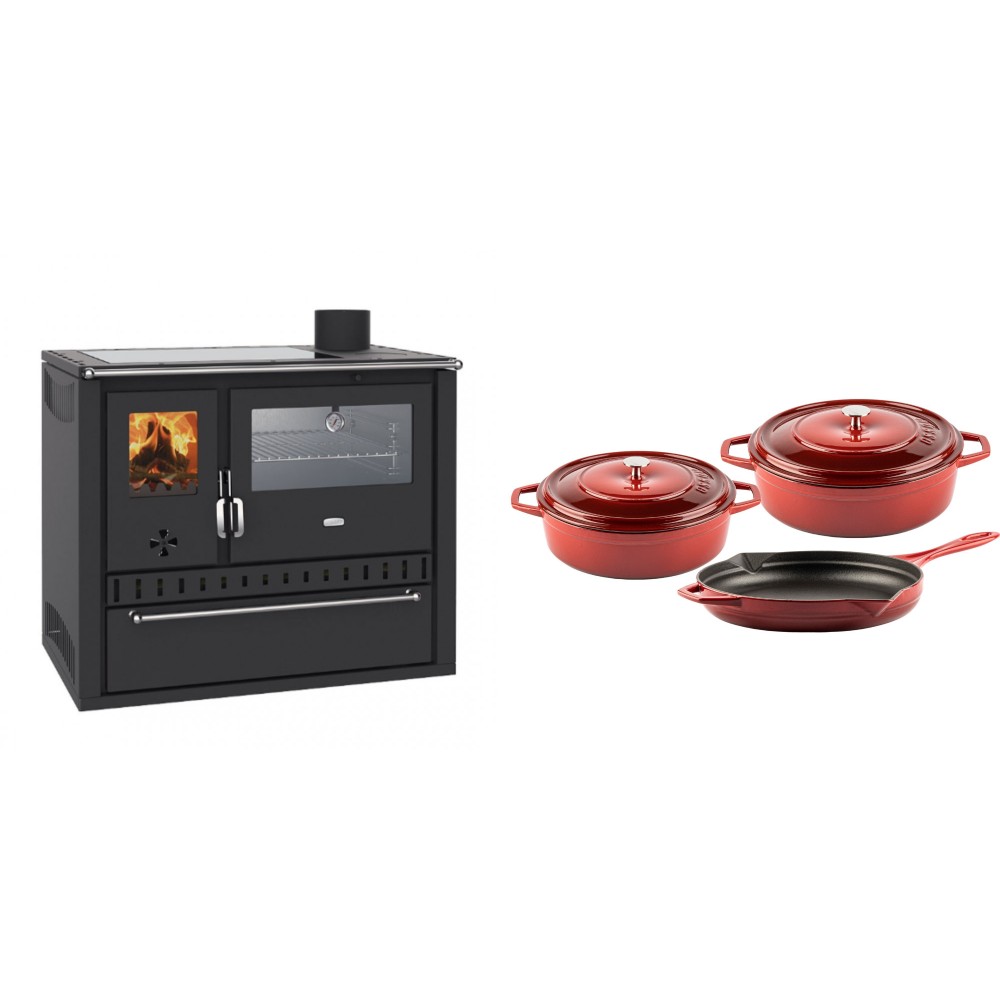 Set Küchenofen / Küchenhexe Wasserführend Prity GT W10, mit Edelstahl-Backofen, Glaskeramik-Kochfeld und Schublade, 13.3 kW + Gusseisen Topf Set aus 3 teilen Solagio, Rubin