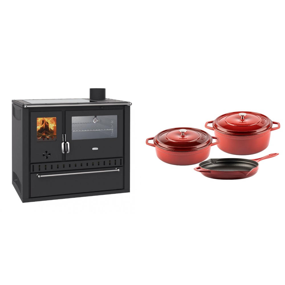 Set Küchenofen / Küchenhexe Wasserführend Prity GT W10, mit Edelstahl-Backofen, Glaskeramik-Kochfeld und Schublade, 13.3 kW + Gusseisen Topf Set aus 3 teilen Solagio, Rubin | Kaminofen - Holzofen mit Backfach | Kaminofen |