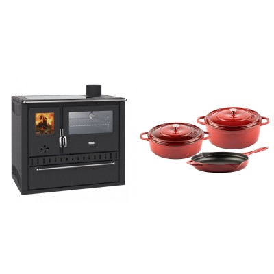 Set Küchenofen / Küchenhexe Wasserführend Prity GT W10, mit Edelstahl-Backofen, Glaskeramik-Kochfeld und Schublade, 13.3 kW + Gusseisen Topf Set aus 3 teilen Solagio, Rubin - Kaminofen - Holzofen mit Backfach