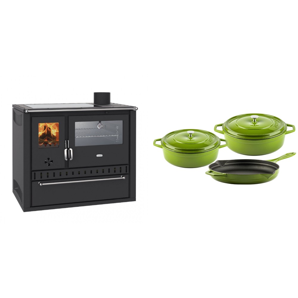 Set Küchenofen / Küchenhexe Wasserführend Prity GT W10, mit Edelstahl-Backofen, Glaskeramik-Kochfeld und Schublade, 13.3 kW + Gusseisen Topf Set aus 3 teilen Solagio, Bamboo