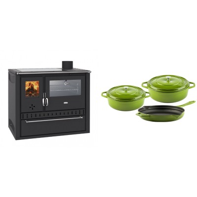 Set Küchenofen / Küchenhexe Wasserführend Prity GT W10, mit Edelstahl-Backofen, Glaskeramik-Kochfeld und Schublade, 13.3 kW + Gusseisen Topf Set aus 3 teilen Solagio, Bamboo - Kaminofen - Holzofen mit Backfach