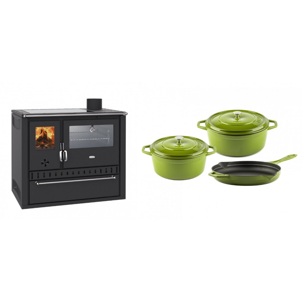 Set Küchenofen / Küchenhexe Wasserführend Prity GT W10, mit Edelstahl-Backofen, Glaskeramik-Kochfeld und Schublade, 13.3 kW + Gusseisen Topf Set aus 3 teilen Solagio, Bamboo