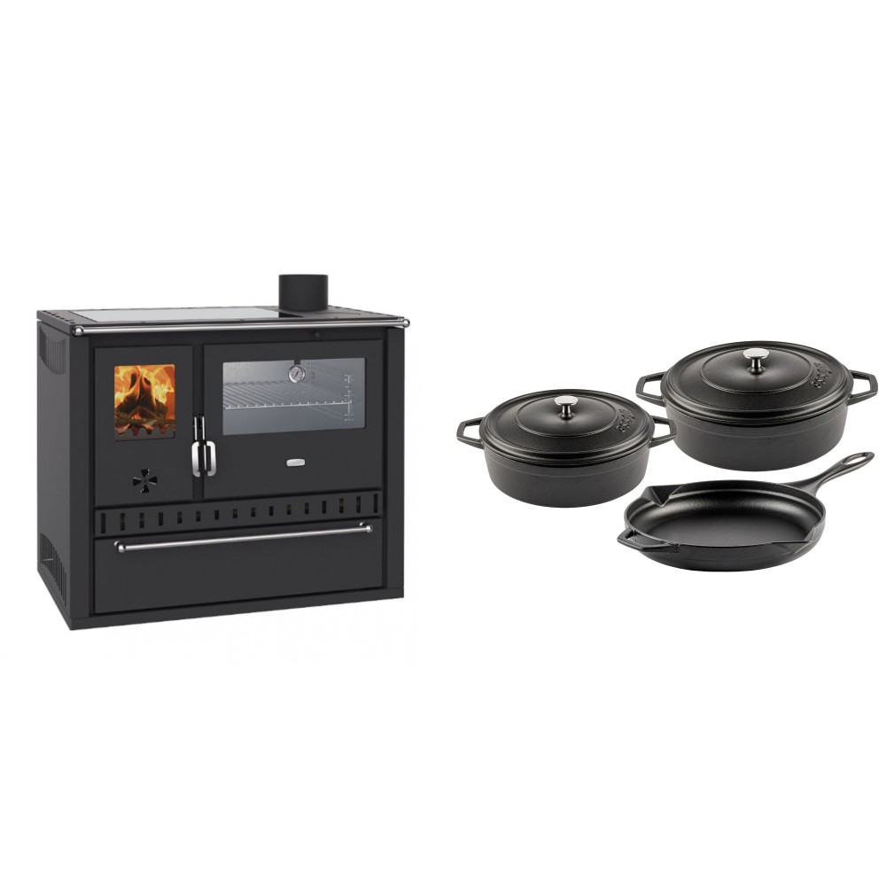 Set Küchenofen / Küchenhexe Wasserführend Prity GT W10, mit Edelstahl-Backofen, Glaskeramik-Kochfeld und Schublade, 13.3 kW + Gusseisen Topf Set aus 3 teilen Solagio, Black Onyx