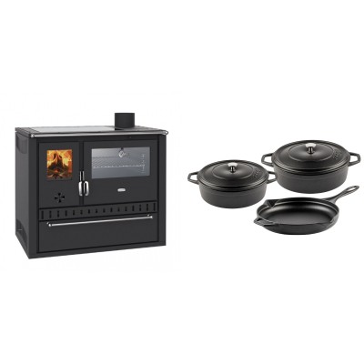 Set Küchenofen / Küchenhexe Wasserführend Prity GT W10, mit Edelstahl-Backofen, Glaskeramik-Kochfeld und Schublade, 13.3 kW + Gusseisen Topf Set aus 3 teilen Solagio, Black Onyx - Kaminofen - Holzofen mit Backfach