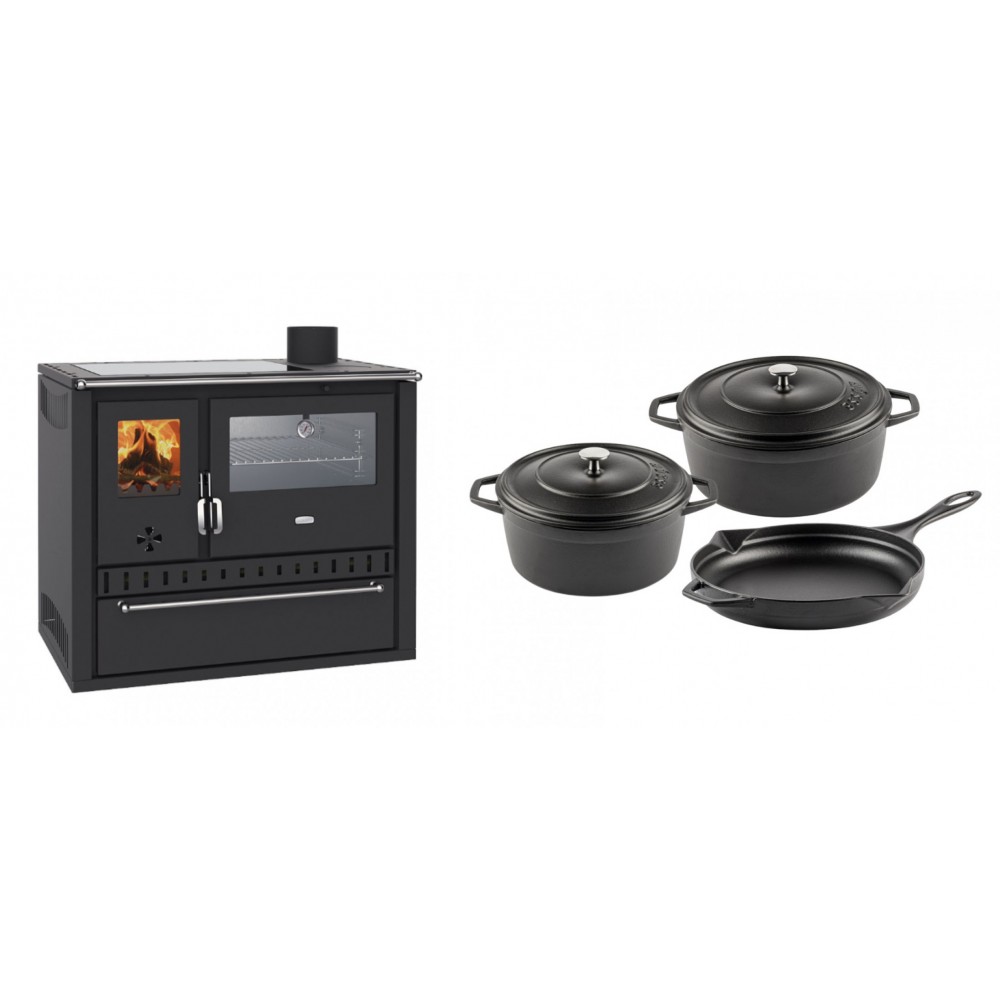 Set Küchenofen / Küchenhexe Wasserführend Prity GT W10, mit Edelstahl-Backofen, Glaskeramik-Kochfeld und Schublade, 13.3 kW + Gusseisen Topf Set aus 3 teilen Solagio, Black Onyx | Kaminofen - Holzofen mit Backfach | Kaminofen |