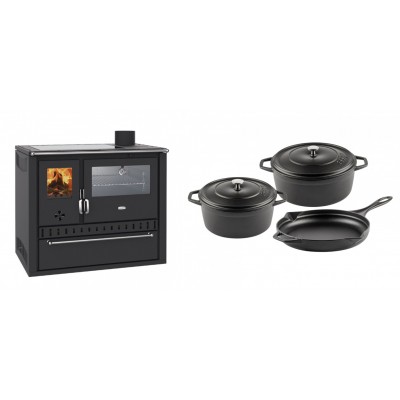 Set Küchenofen / Küchenhexe Wasserführend Prity GT W10, mit Edelstahl-Backofen, Glaskeramik-Kochfeld und Schublade, 13.3 kW + Gusseisen Topf Set aus 3 teilen Solagio, Black Onyx - Kaminofen - Holzofen mit Backfach
