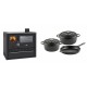 Set Küchenofen / Küchenhexe Wasserführend Prity GT W10, mit Edelstahl-Backofen, Glaskeramik-Kochfeld und Schublade, 13.3 kW + Gusseisen Topf Set aus 3 teilen Solagio, Black Onyx | Kaminofen - Holzofen mit Backfach | Kaminofen |