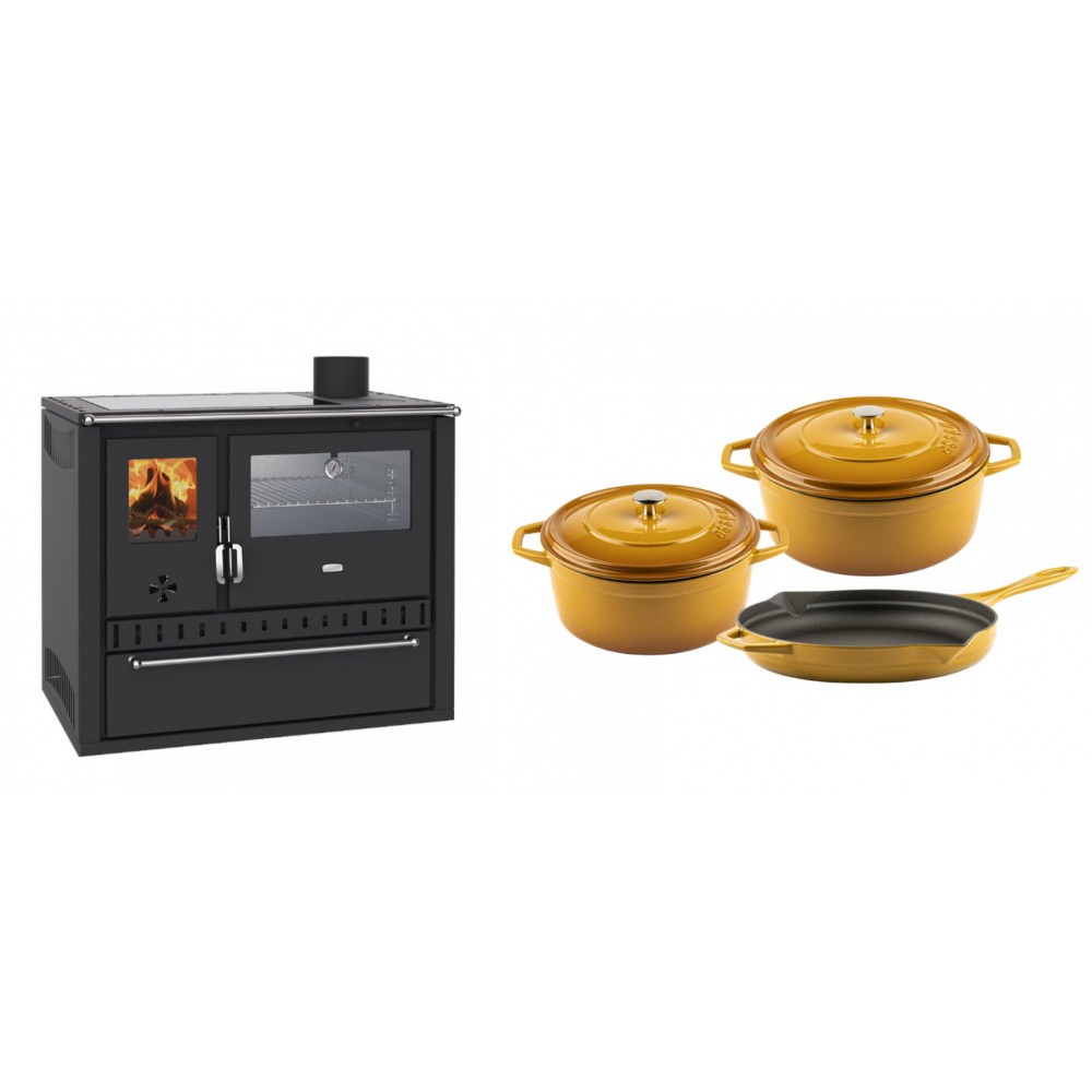 Set Küchenofen / Küchenhexe Wasserführend Prity GT W10, mit Edelstahl-Backofen, Glaskeramik-Kochfeld und Schublade, 13.3 kW + Gusseisen Topf Set aus 3 teilen Solagio, Dijon | Kaminofen - Holzofen mit Backfach | Kaminofen |